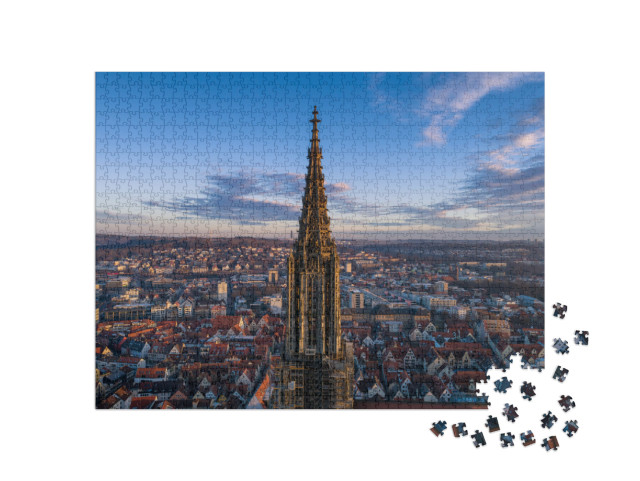 Puzzle 1000 Teile „Ulmer Münster bei Sonnenaufgang, Drohnenaufnahme, Deutschland“