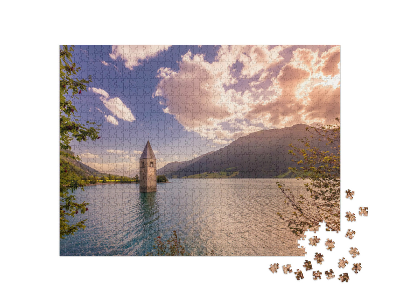 Puzzle 1000 Teile „Versunkener Glockenturm im Reschensee, Südtirol“