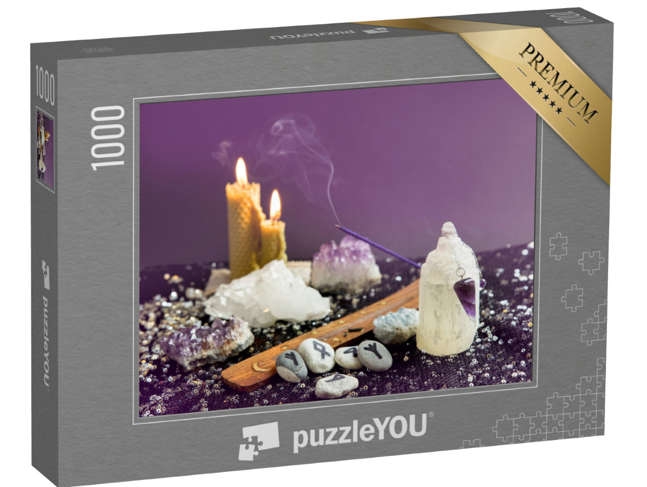 Puzzle 1000 Teile „Amethyst-Kristall-Pendel, Runensteine, Bienenwachskerzen, Esoterik“