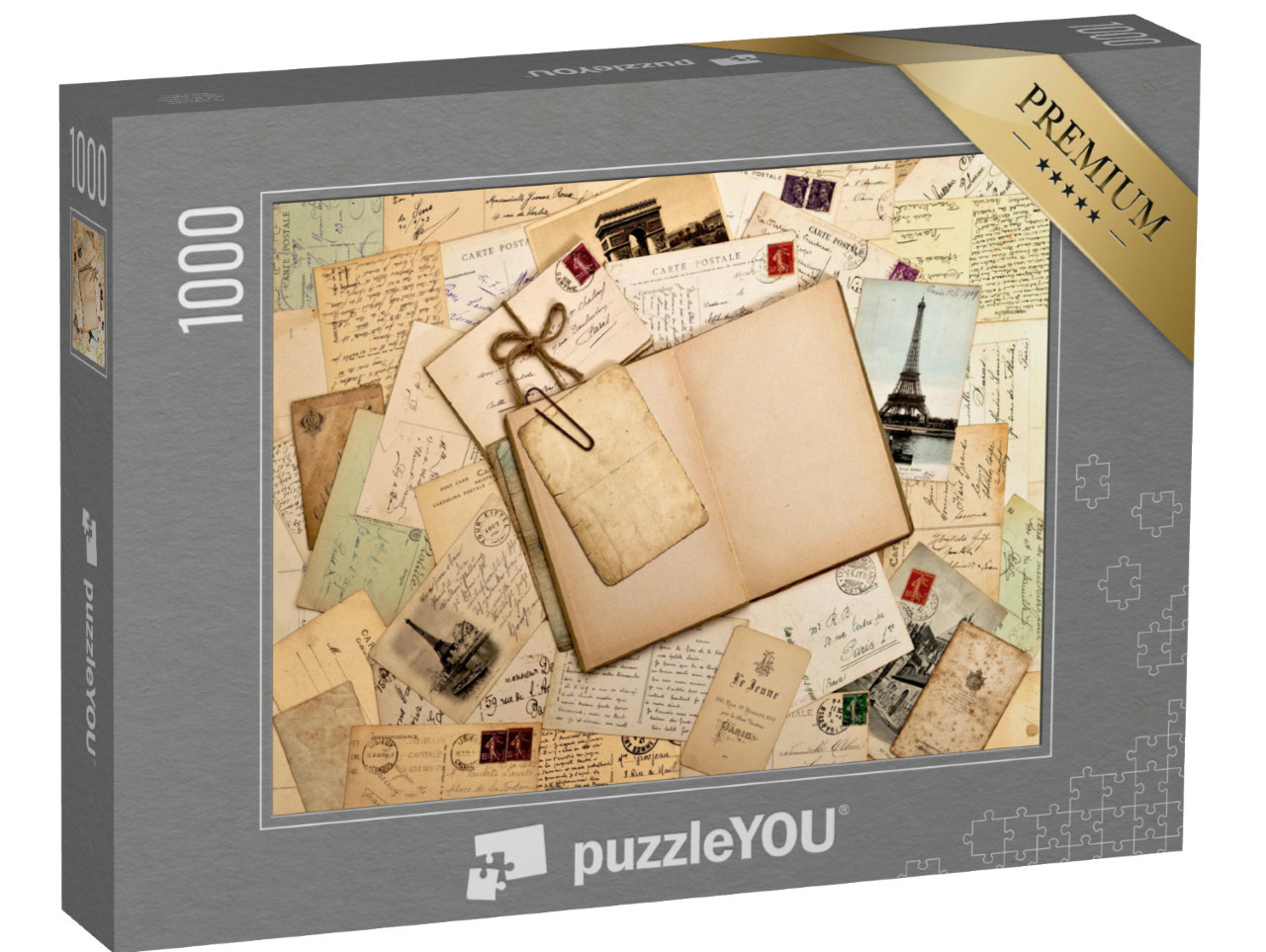 Puzzle 1000 Teile „Alte Briefe, Postkarten und leeres offenes Buch“
