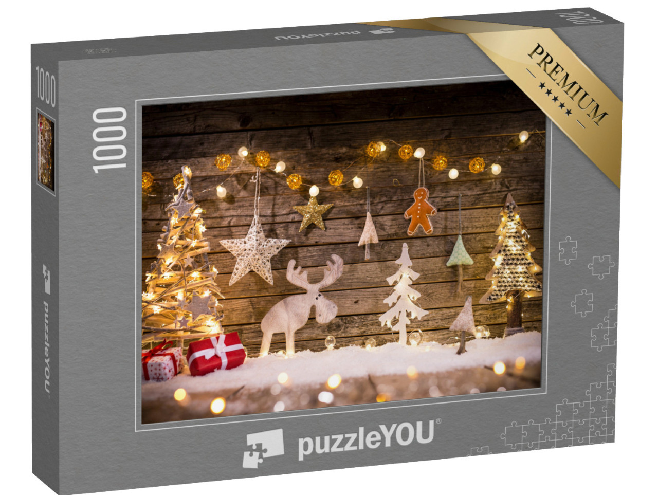 Puzzle 1000 Teile „Weihnachtsdekoration auf hölzernem Hintergrund, Elch, Baum“