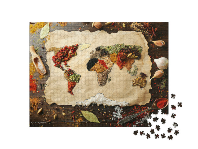 Puzzle 1000 Teile „Weltkarte aus verschiedenen Gewürzen auf hölzernem Hintergrund“