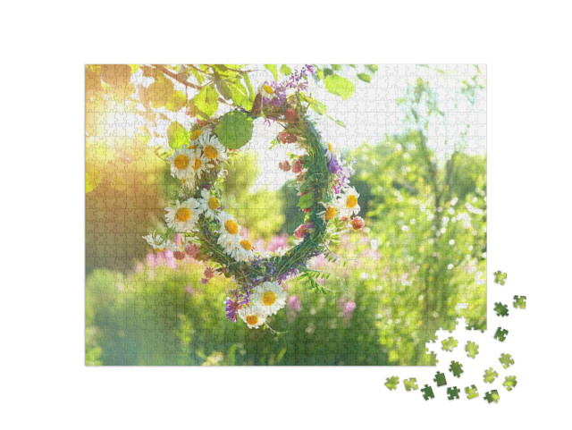 Puzzle 1000 Teile „Wunderschöner Blumenkranz aus Feldblumen“