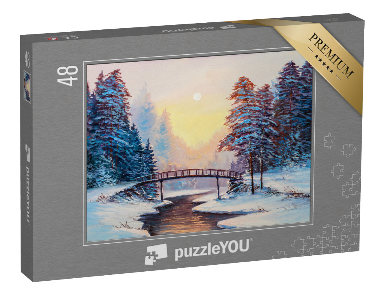 Puzzle 48 Teile „Winterlandschaft mit Fluss, Original-Ölgemälde“