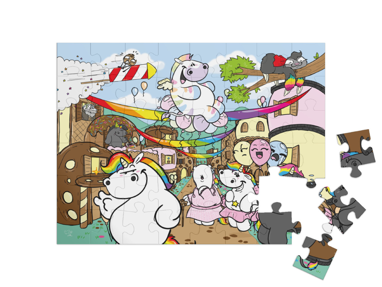 Puzzle 48 Teile „Pummeleinhorn: Pummel & Friends – Keksen-Regenbogenfest“