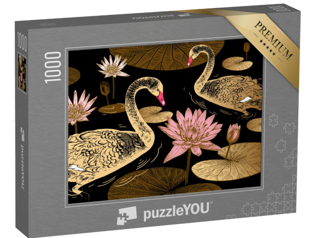 Puzzle 1000 Teile „Muster mit Vögeln, Blüten und Seerosenblättern “