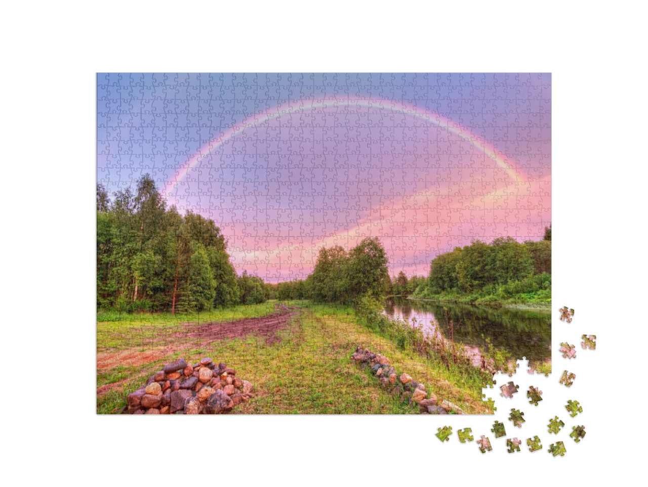 Puzzle 1000 Teile „Regenbogen über der ländlichen Archangelskij Region, Russland“