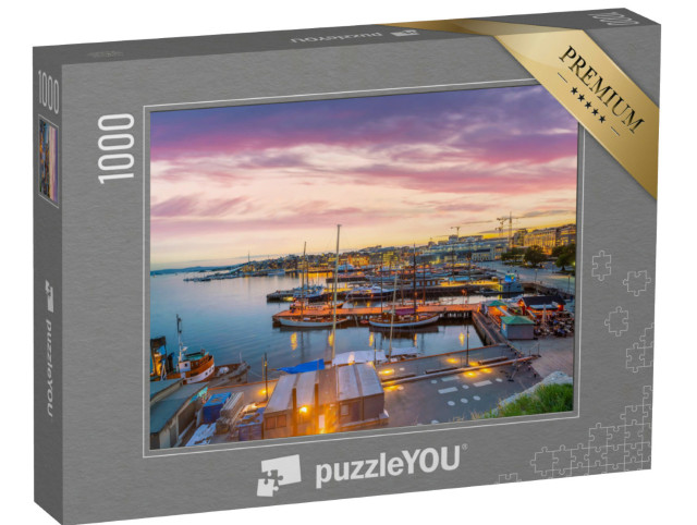 Puzzle 1000 Teile „Skyline von Oslo mit Stadtzentrum bei Sonnenuntergang, Norwegen“