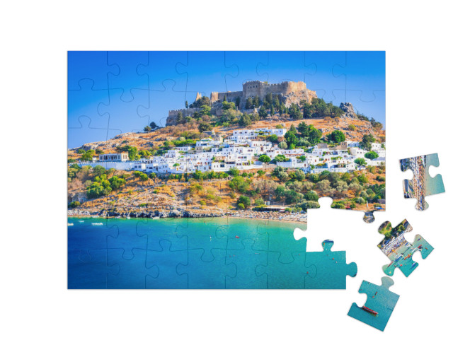 Puzzle 48 Teile „Lindos mit seinen weiß getünchten Häusern, Rhodos, Griechenland“