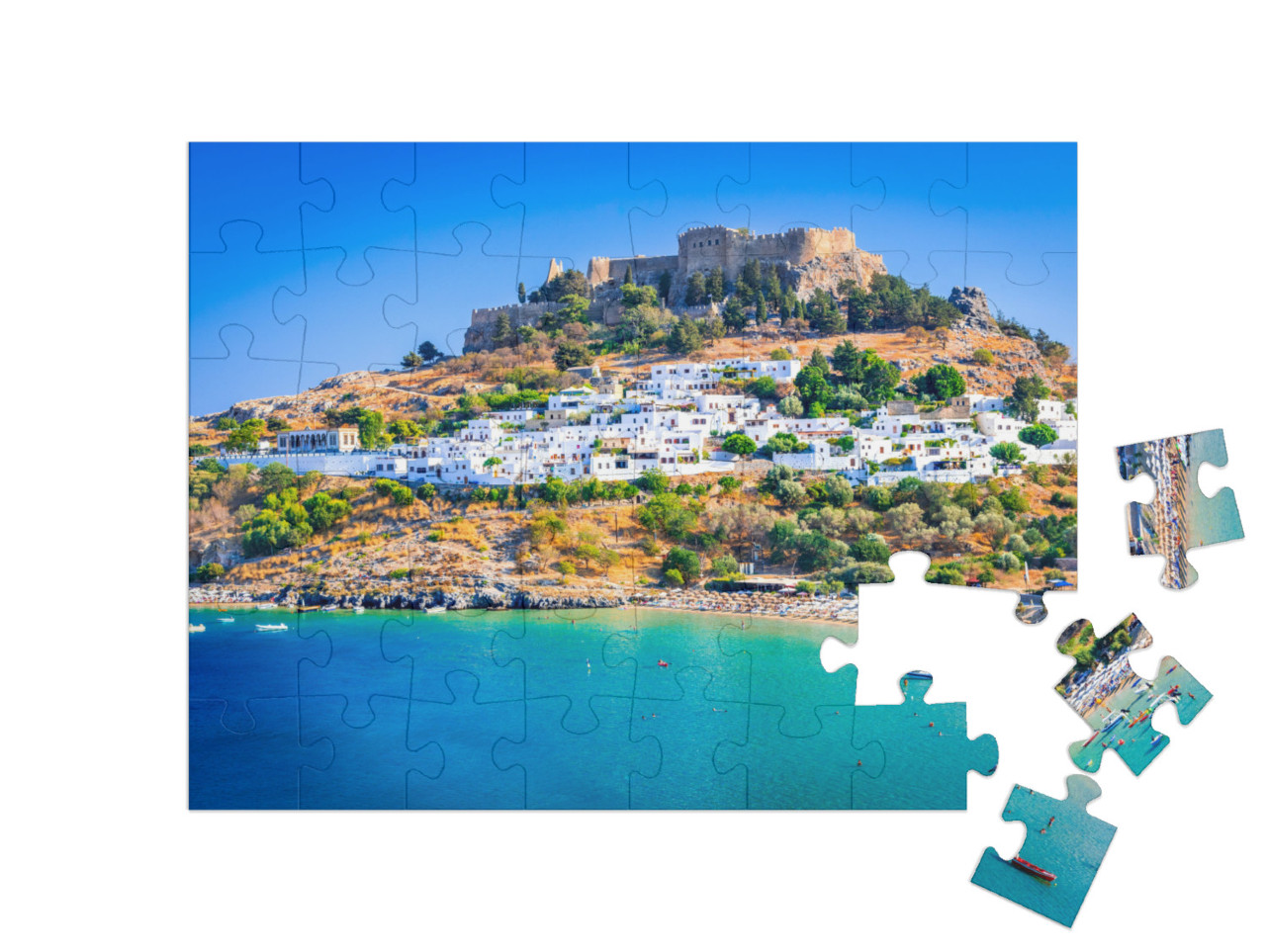 Puzzle 48 Teile „Lindos mit seinen weiß getünchten Häusern, Rhodos, Griechenland“