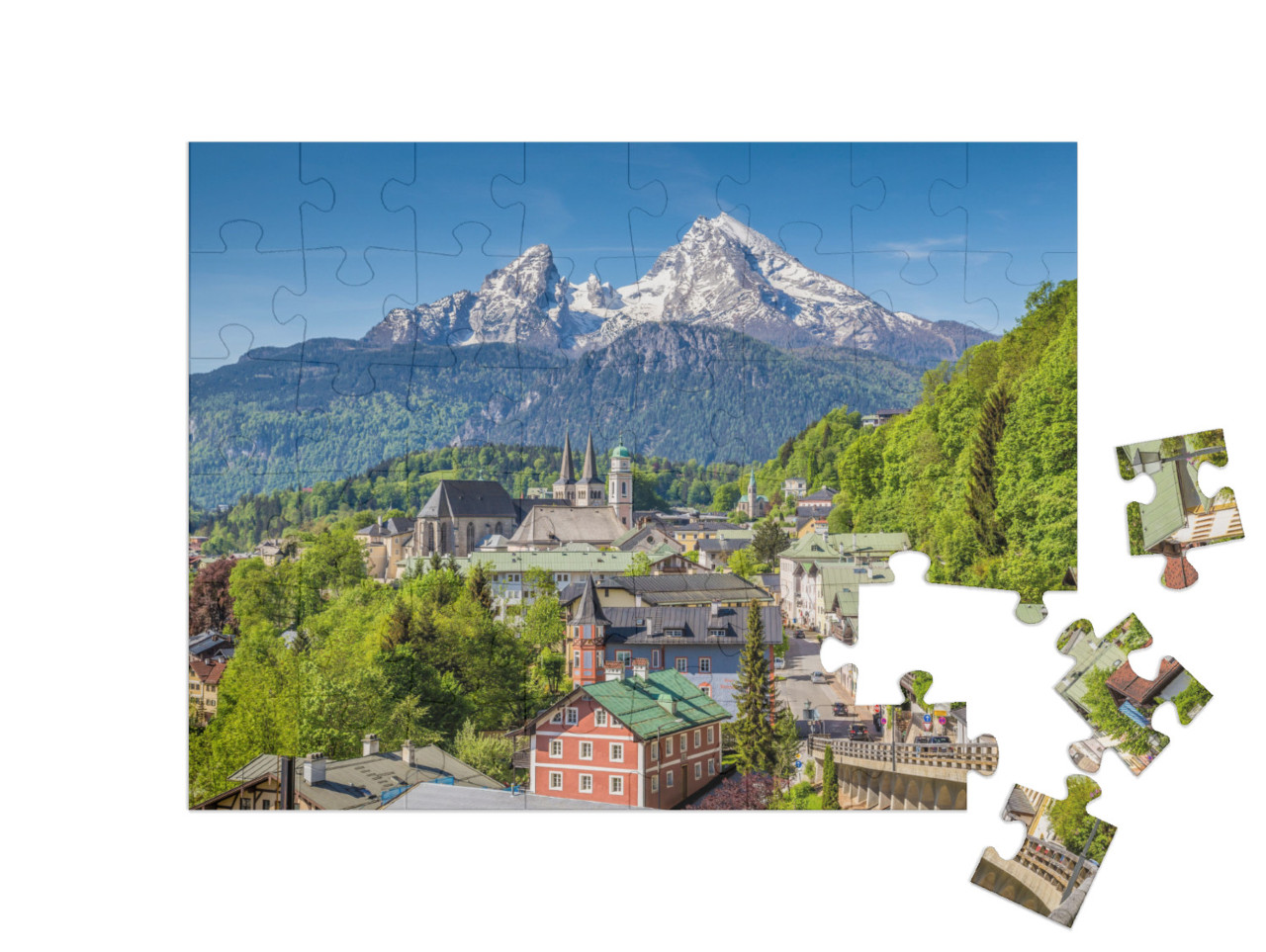 Puzzle 48 Teile „Historische Stadt Berchtesgaden mit dem Watzmann im Hintergrund, Bayern“