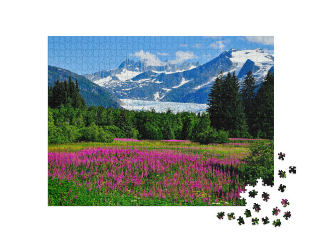 Puzzle 1000 Teile „Mendenhall-Gletscher mit blühendem Feuerkraut, Alaska“