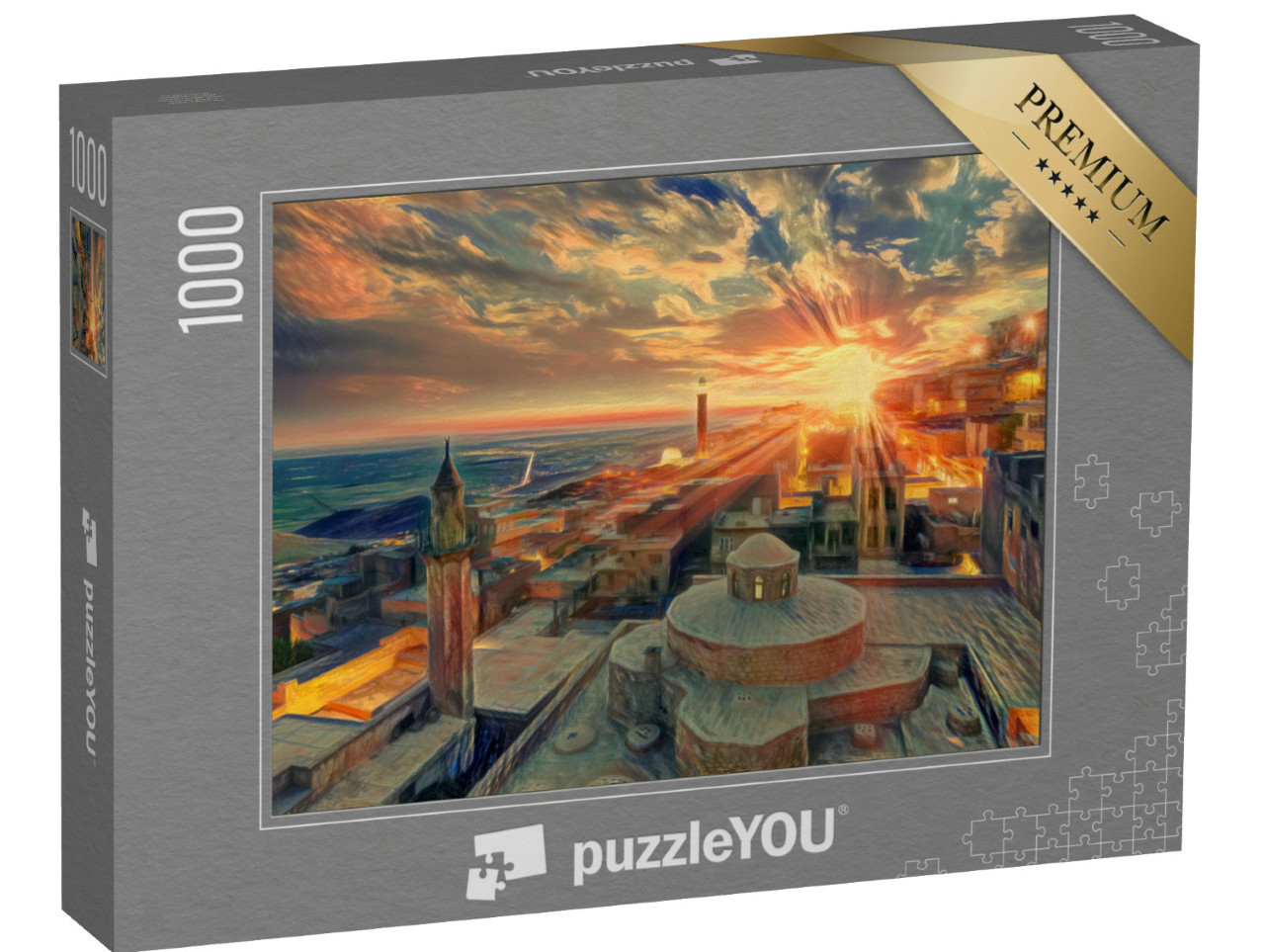 Puzzle 1000 Teile „im Stil von Edvard Munch, Der Schrei - Altstadt bei Sonnenuntergang - Mardin, Türkei“