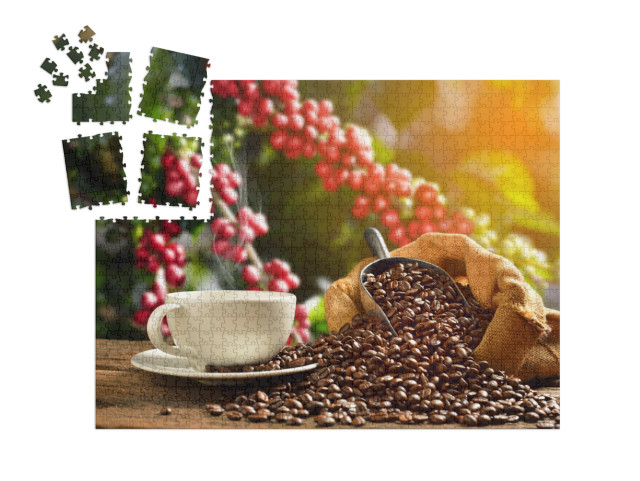 Puzzle „Dampfende Tasse Kaffee mit Kaffeebohnen “ | SMART SORTED® 1000 Teile