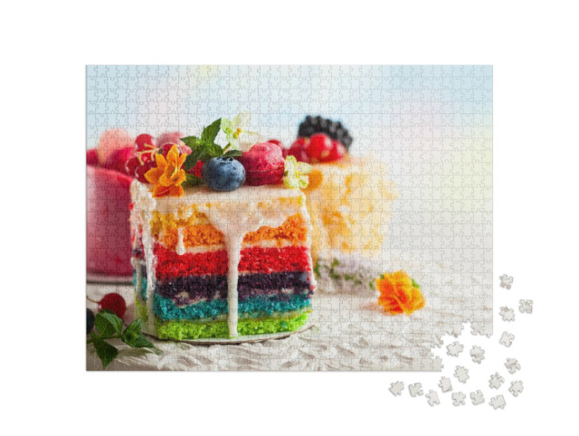 Puzzle 1000 Teile „Fantasievoll dekorierter Regenbogenkuchen“