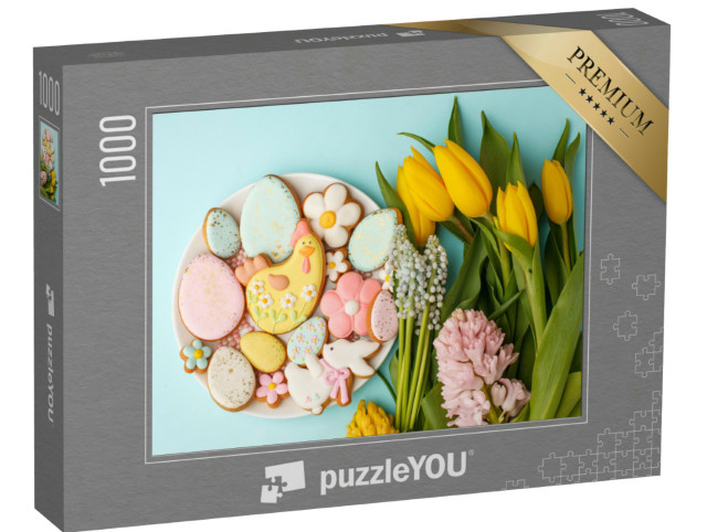 Puzzle 1000 Teile „Köstliche Ostereikekse mit einer gelben Henne und gelben Tulpen“