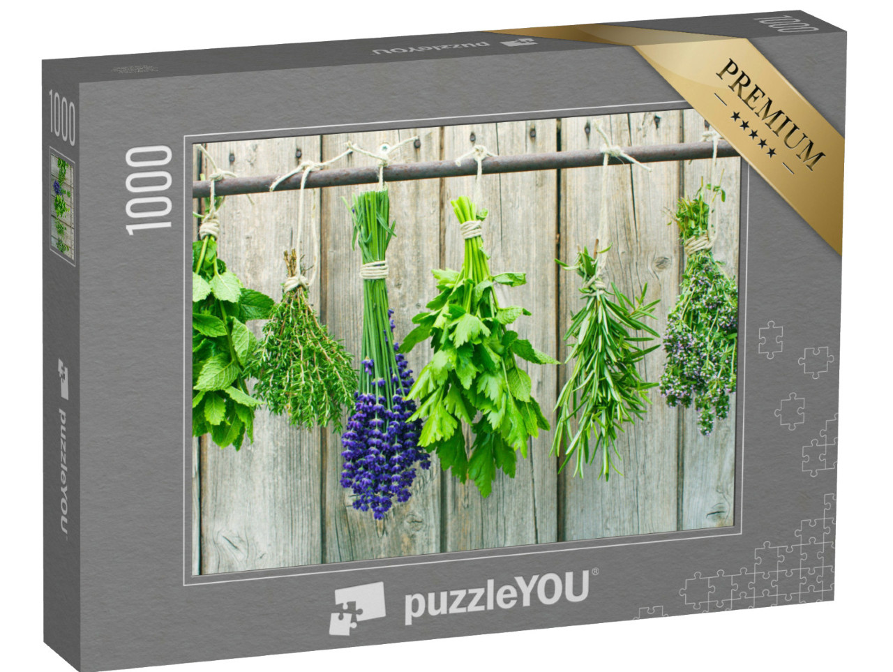 Puzzle 1000 Teile „Verschiedene frische Kräuter, aufgehängt zum Trocknen“