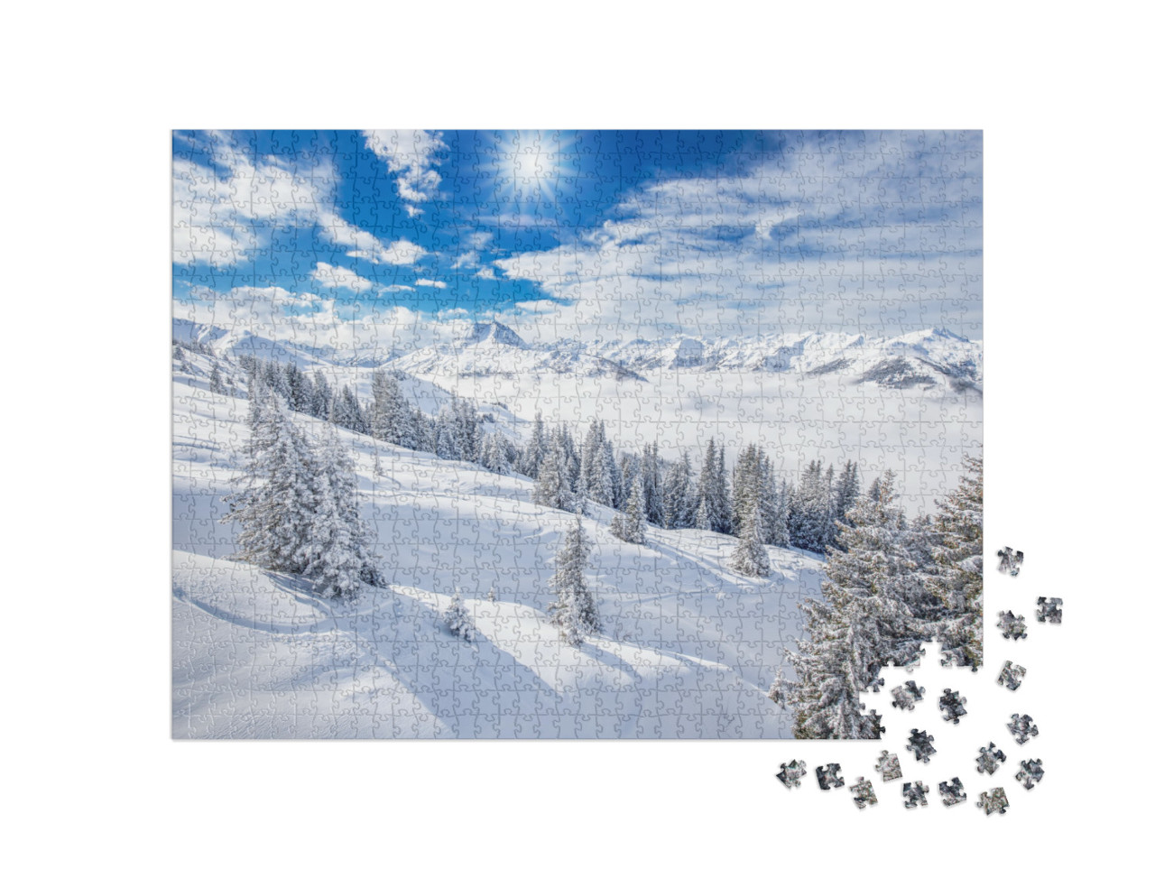 Puzzle 1000 Teile „Bäume bedeckt mit frischem Schnee in den Alpen, Winterzauber“