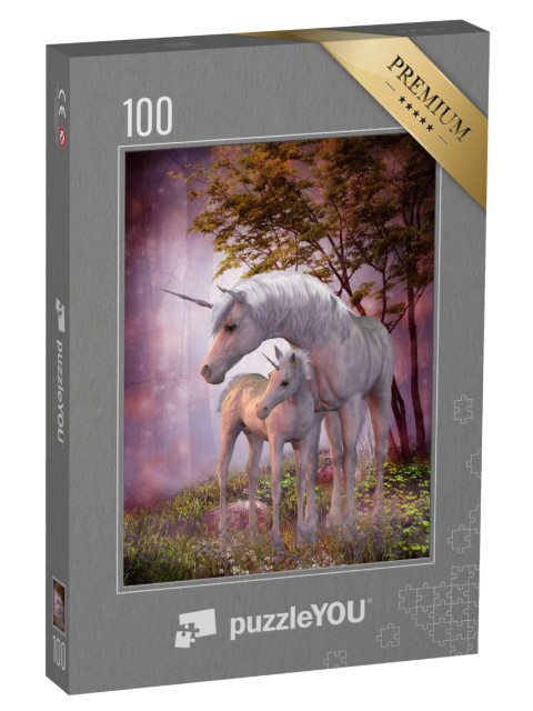 Puzzle 100 Teile „Einhornstute und Fohlen im magischen Wald“