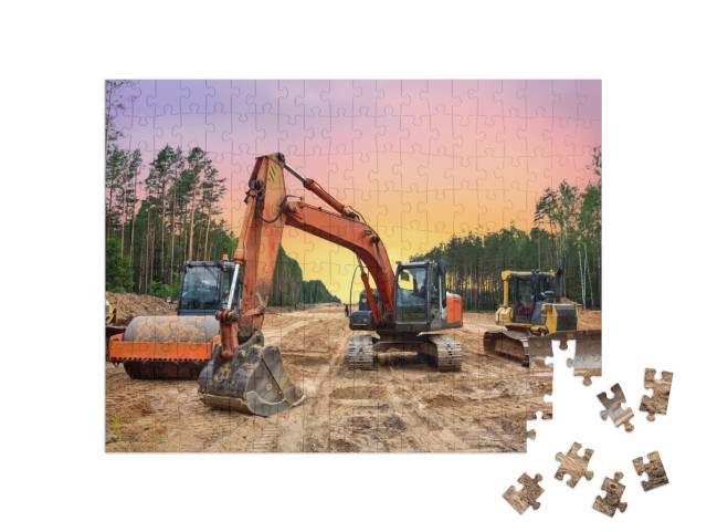 Puzzle 200 Teile „Bulldozer, Bagger und Bodenverdichter bei Straßenbauarbeiten“
