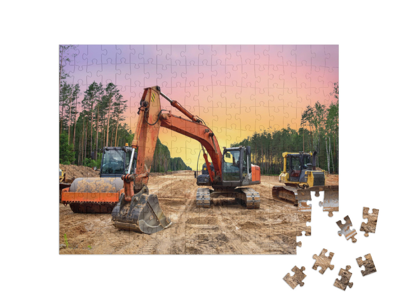 Puzzle 200 Teile „Bulldozer, Bagger und Bodenverdichter bei Straßenbauarbeiten“