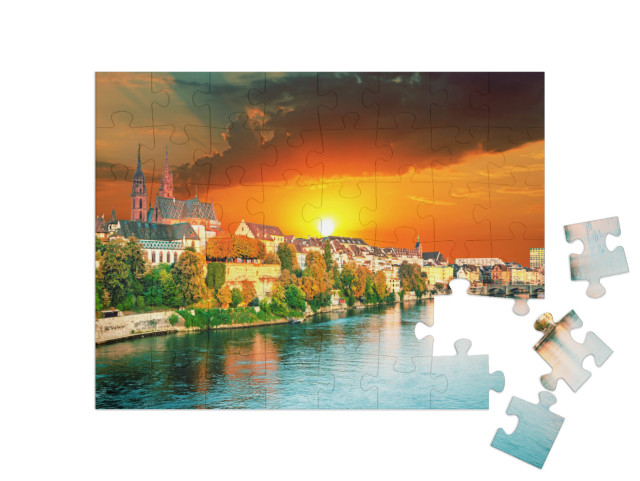 Puzzle 48 Teile „Sonnenuntergang über der Altstadt von Basel am Rhein, Schweiz“