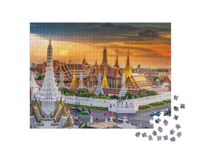 Puzzle 1000 Teile „Grand Palast und Wat Phra Keaw-Tempel bei Sonnenuntergang, Bangkok, Thailand“