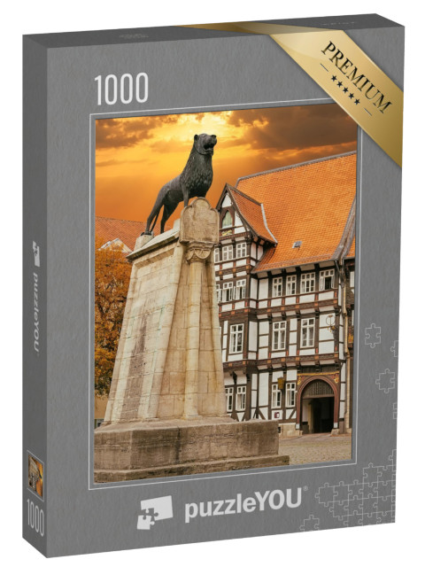 Puzzle 1000 Teile „Löwenstatue und altes Fachwerkhaus in Braunschweig, Deutschland“