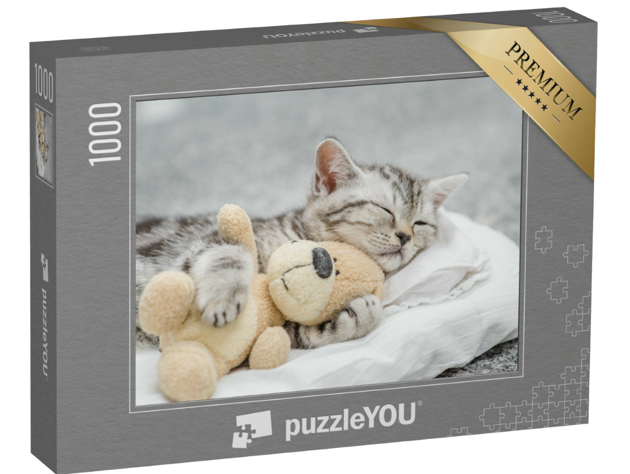 Puzzle 1000 Teile „Niedliches Kätzchen schmust mit einem Teddy“