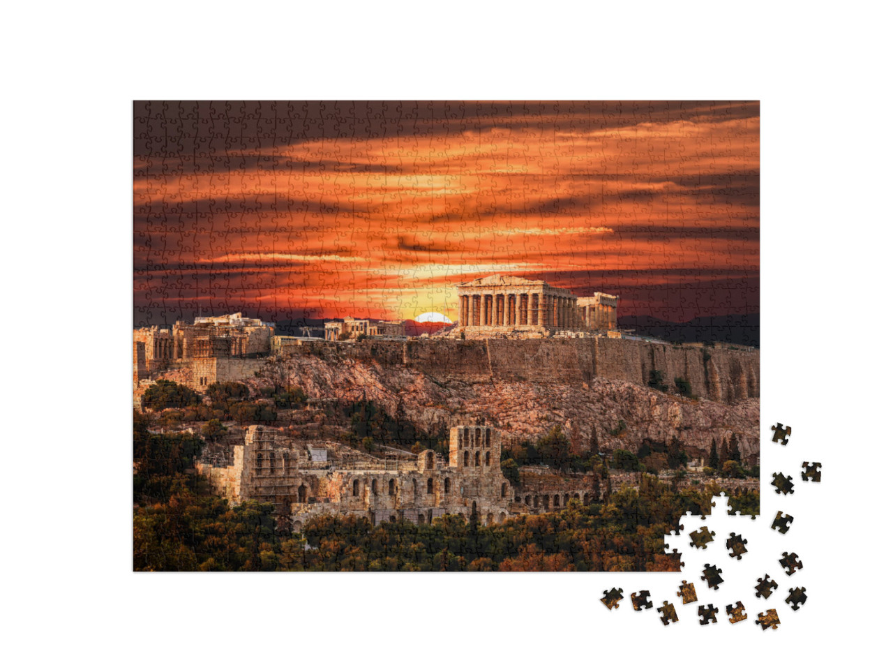 Puzzle 1000 Teile „Parthenon-Tempel auf der Akropolis von Athen unter dramatischen Sonnenuntergang, Griechenland“