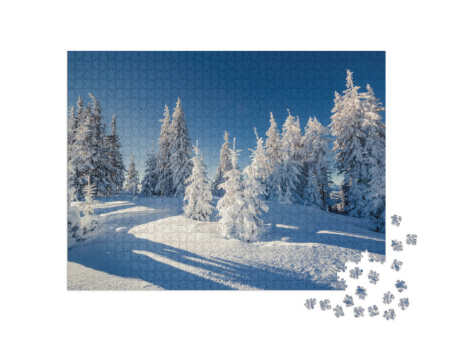 Puzzle 1000 Teile „Wunderschöne Winterlandschaft im sonnigen Bergwald“