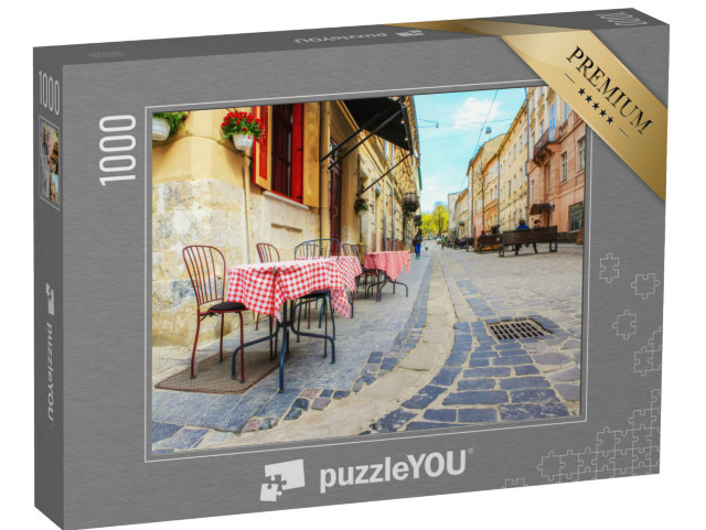 Puzzle 1000 Teile „Malerische Stimmung: Café in der Altstadt von Lviv, Ukraine“