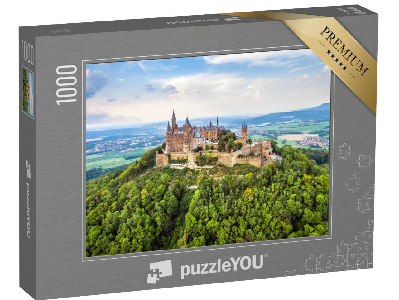 Puzzle 1000 Teile „Luftaufnahme der Burg Hohenzollern auf dem Berggipfel, nahe Stuttgart“