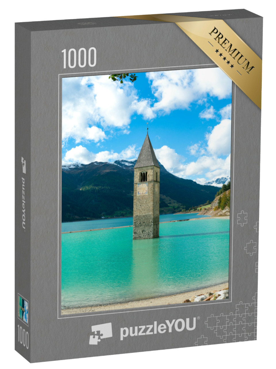 Puzzle 1000 Teile „Der übrig gebliebene Kirchturm des alten Dorfes“