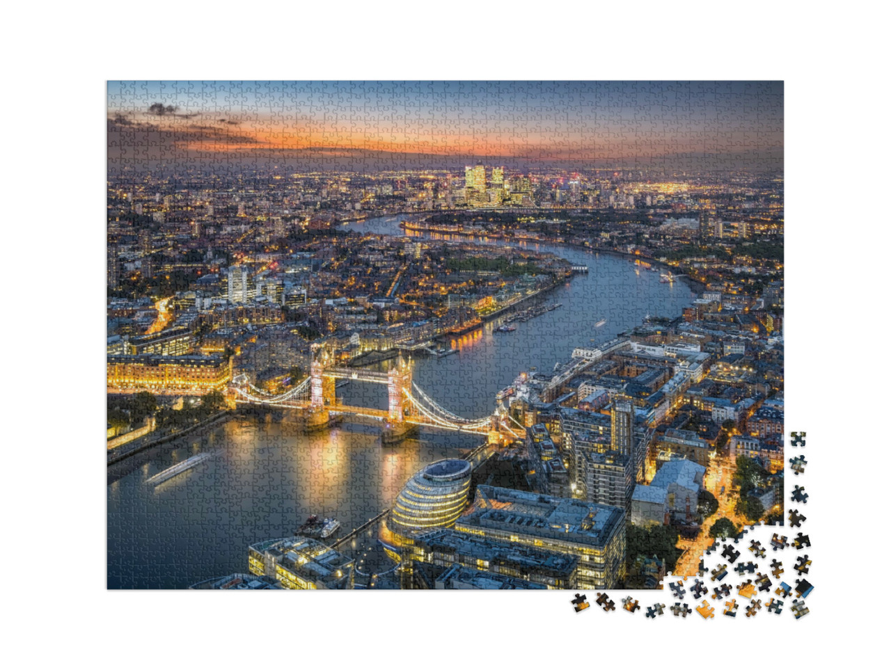 Puzzle 2000 Teile „Londoner Skyline mit Tower Bridge bei Dämmerung“