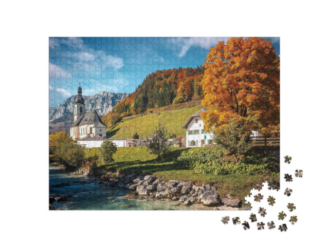 Puzzle 1000 Teile „Sonnige Herbstlandschaft: Bayerische Alpen bei Ramsau, Deutschland“