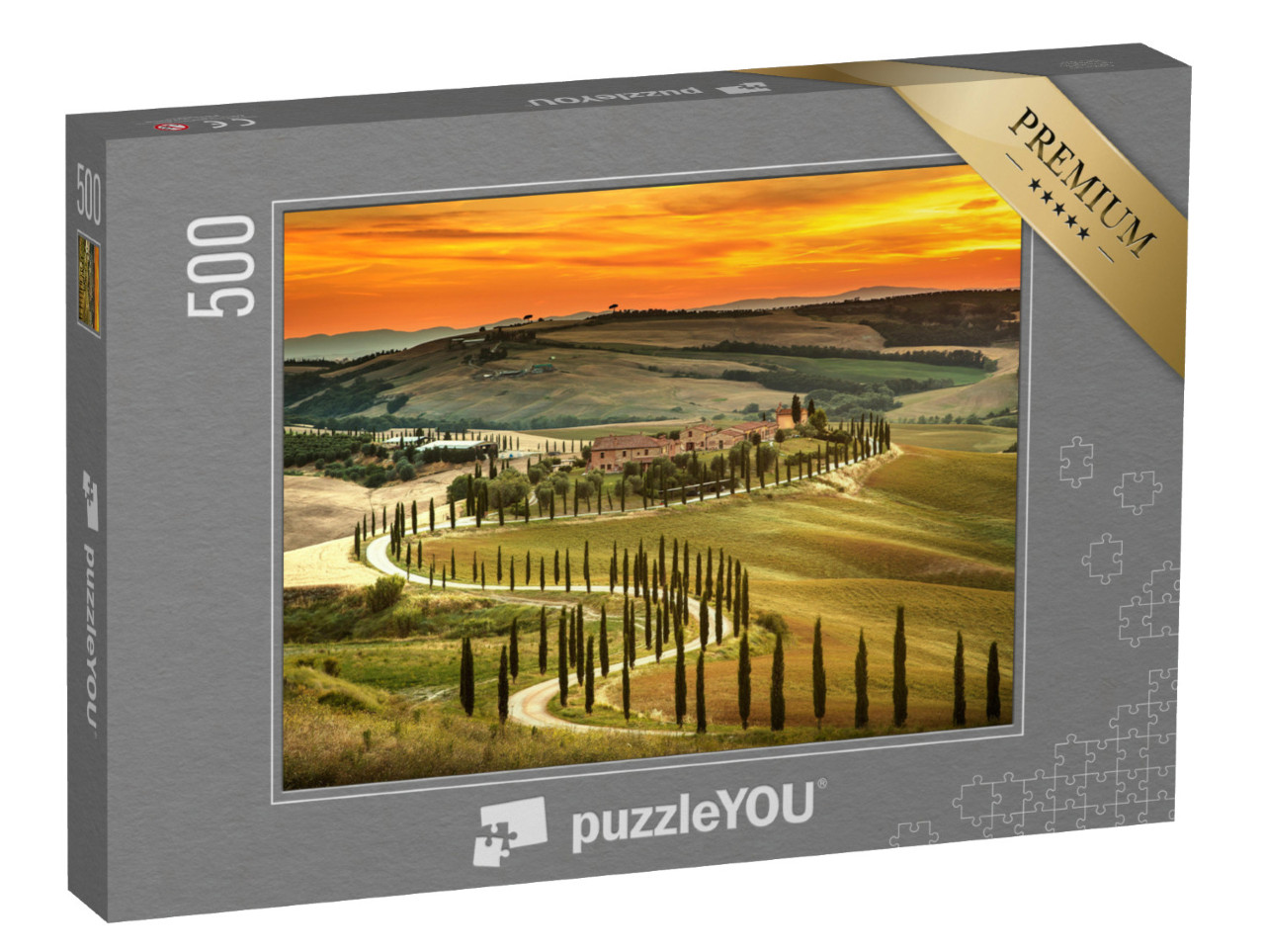 Puzzle 500 Teile „Sonnenuntergang über der Landschaft der Toskana, Italien“