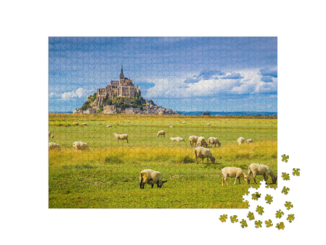 Puzzle 1000 Teile „Le Mont Saint-Michel mit Schafen auf grünen Wiesen, Normandie, Frankreich“