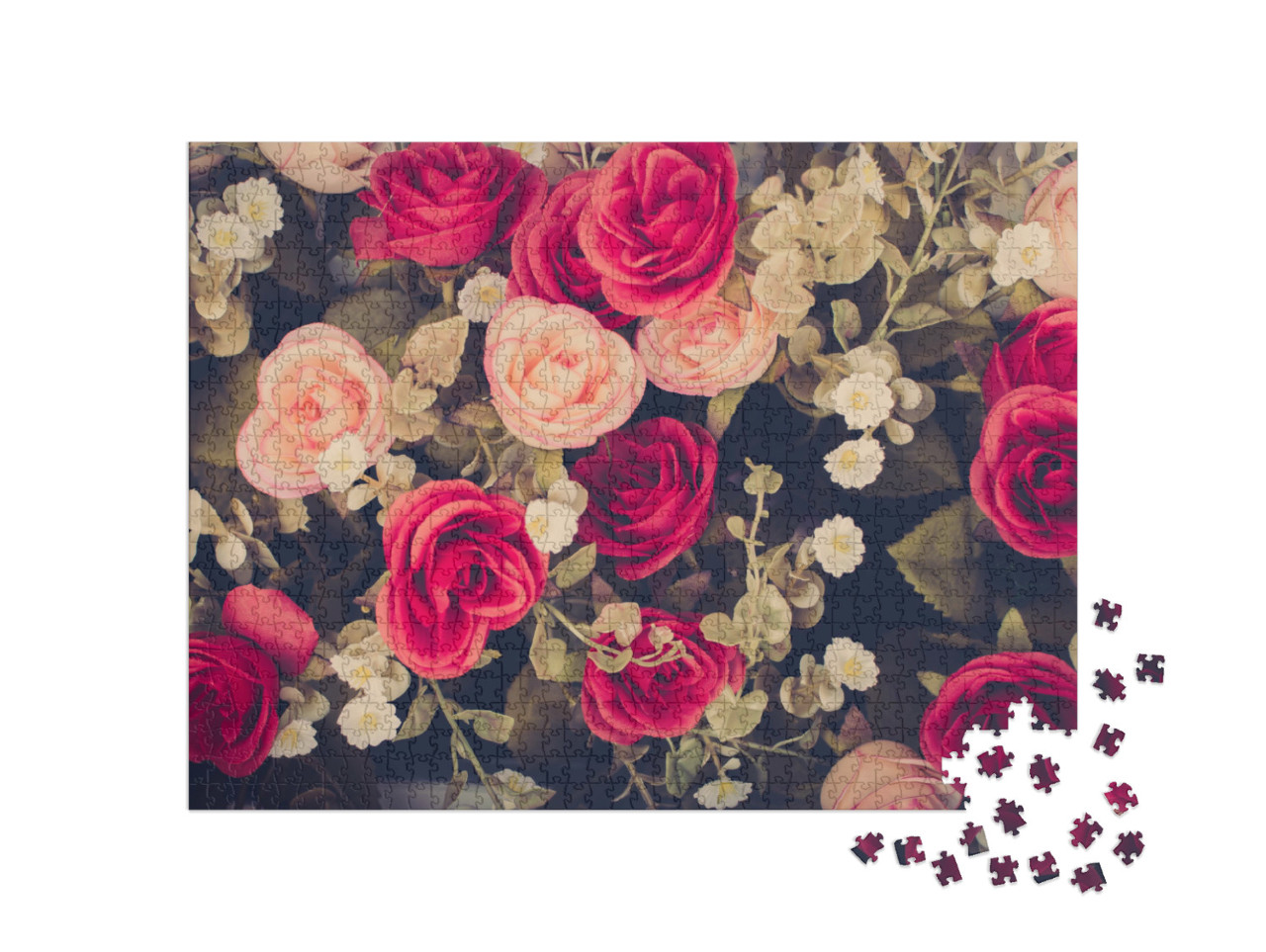 Puzzle 1000 Teile „Vintage Blumen mit Rosen in Rosa und Rot “