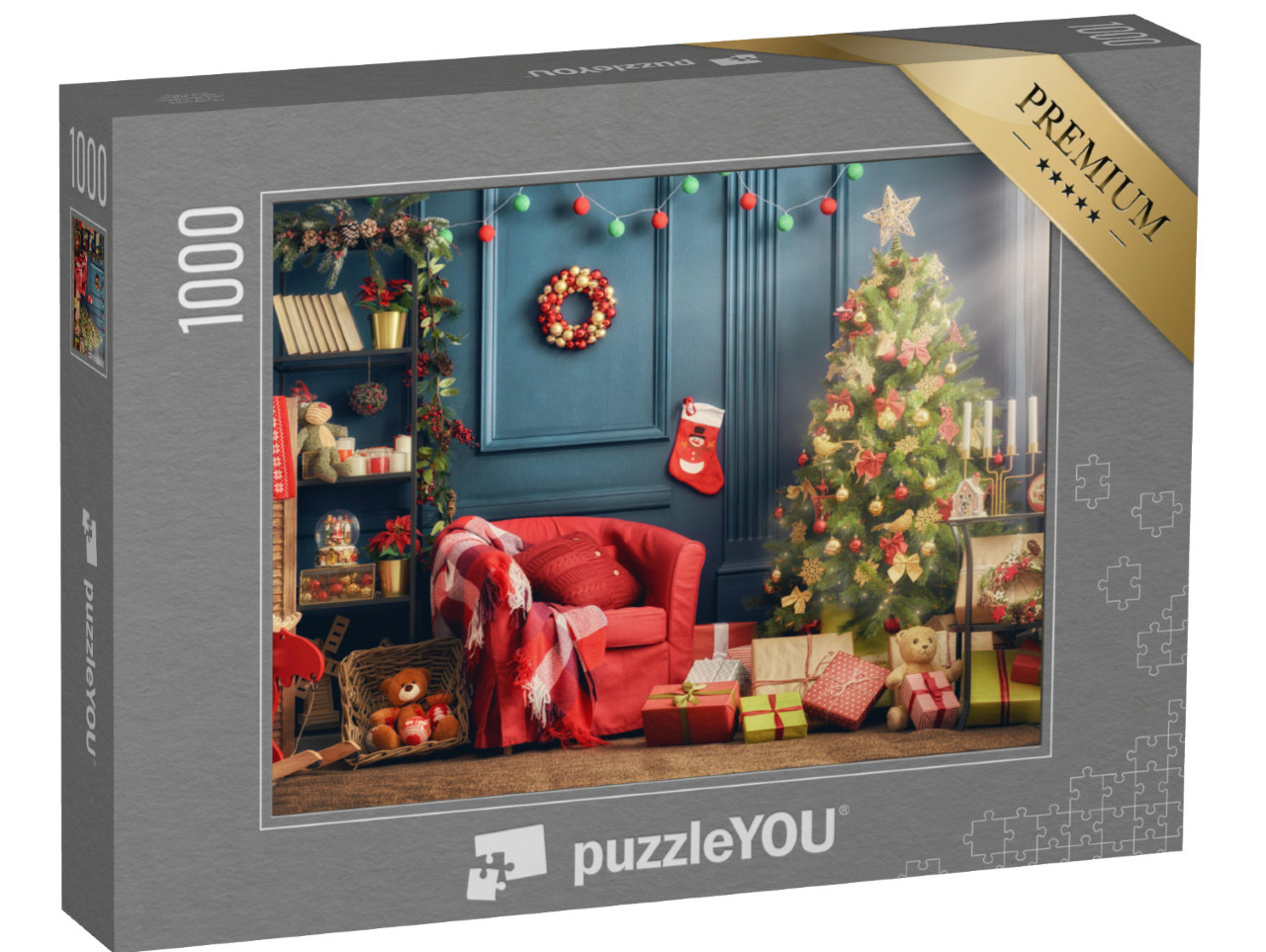 Puzzle 1000 Teile „Frohe Weihnachten: schönes, weihnachtlich geschmücktes Wohnzimmer“