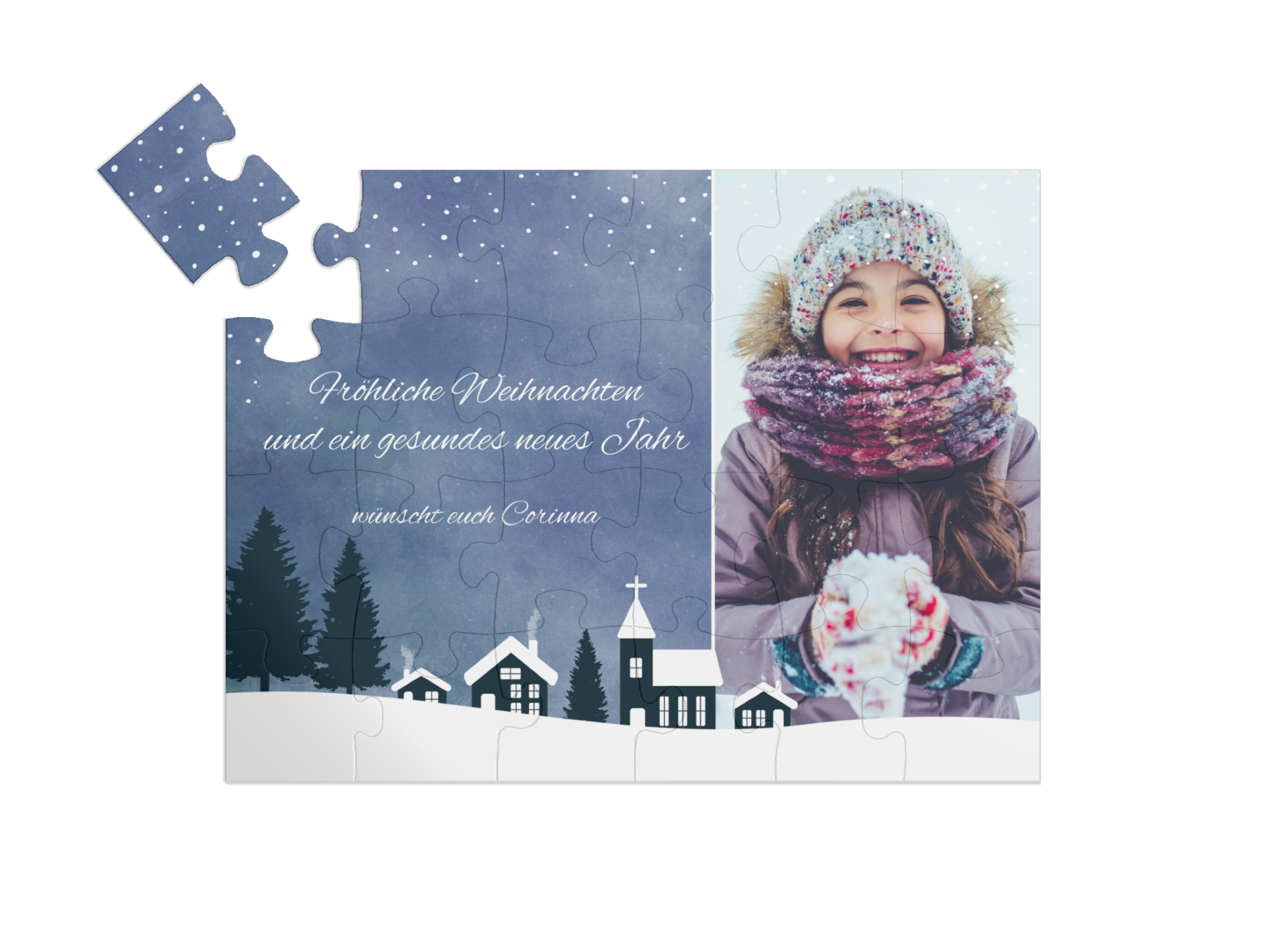 "Wintervillage" in Querformat nachtblau