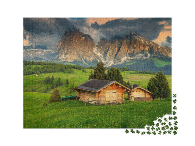 Puzzle 2000 Teile „Frühling auf der Seiser Alm mit Langkofelgruppe, Dolomiten, Italien“