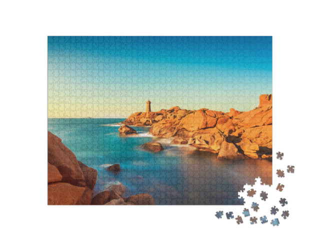 Puzzle 1000 Teile „Sonnenuntergang an der Küste der Bretagne mit Leuchtturm, Frankreich“