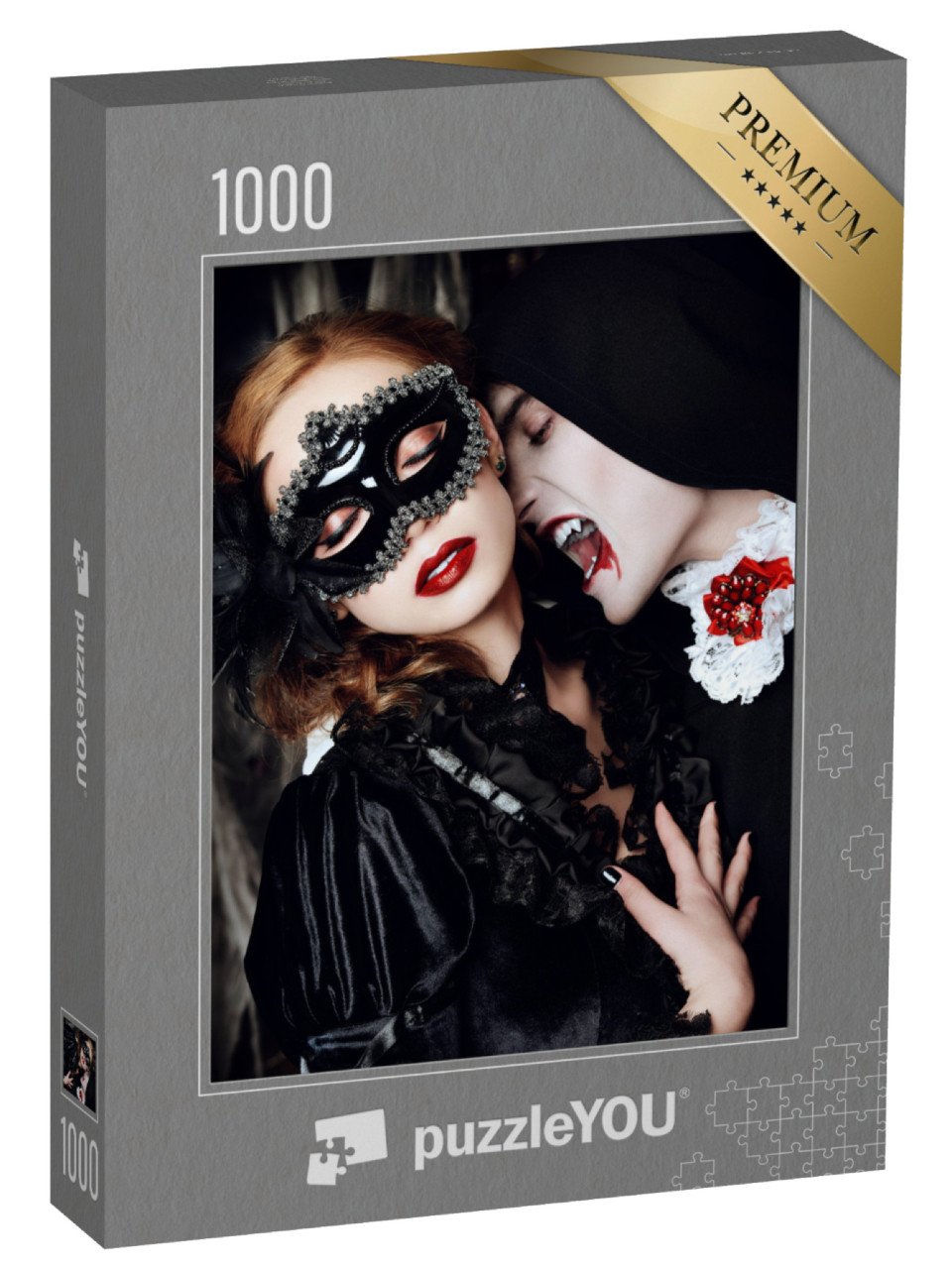 Puzzle 1000 Teile „Ein Vampir in mittelalterlicher Kleidung beißt eine junge Frau“