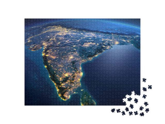 Puzzle 1000 Teile „Erde bei Nacht: Blick aus dem All auf Indien und Sri Lanka“
