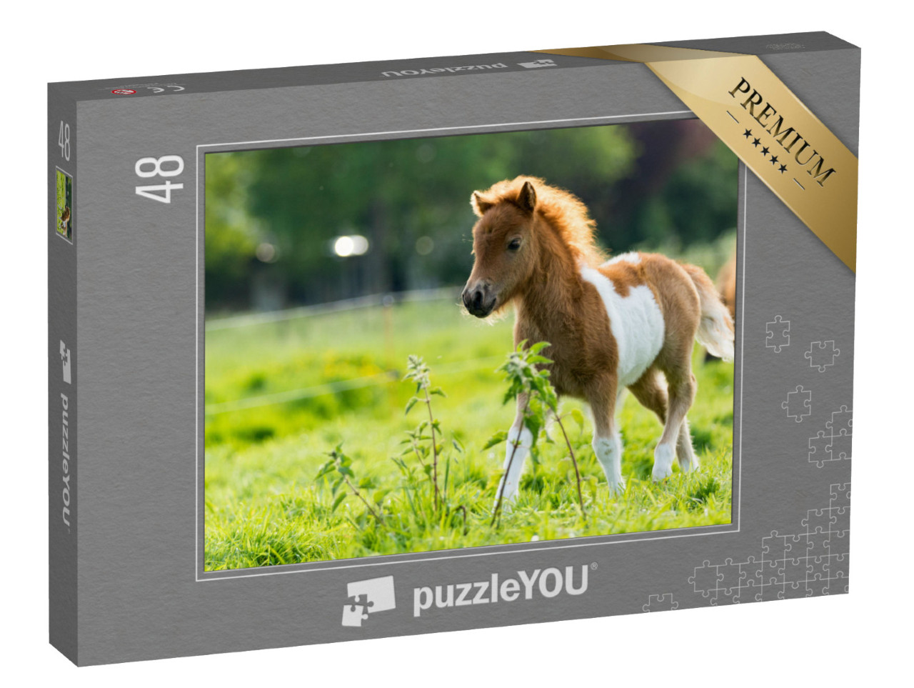 Puzzle 48 Teile „Niedliches Shetlandfohlen erkundet die Welt“