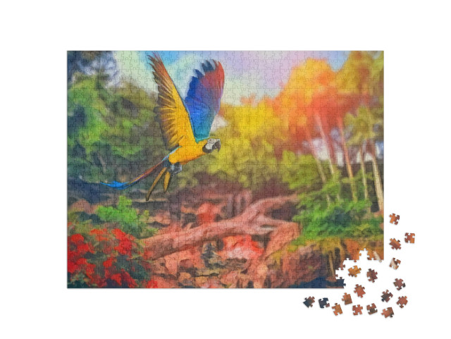 Puzzle 1000 Teile „im Kunst-Stil von Franz Marc - Ara-Papagei im tropischen Regenwald - Puzzle-Kollektion Künstler & Gemälde“