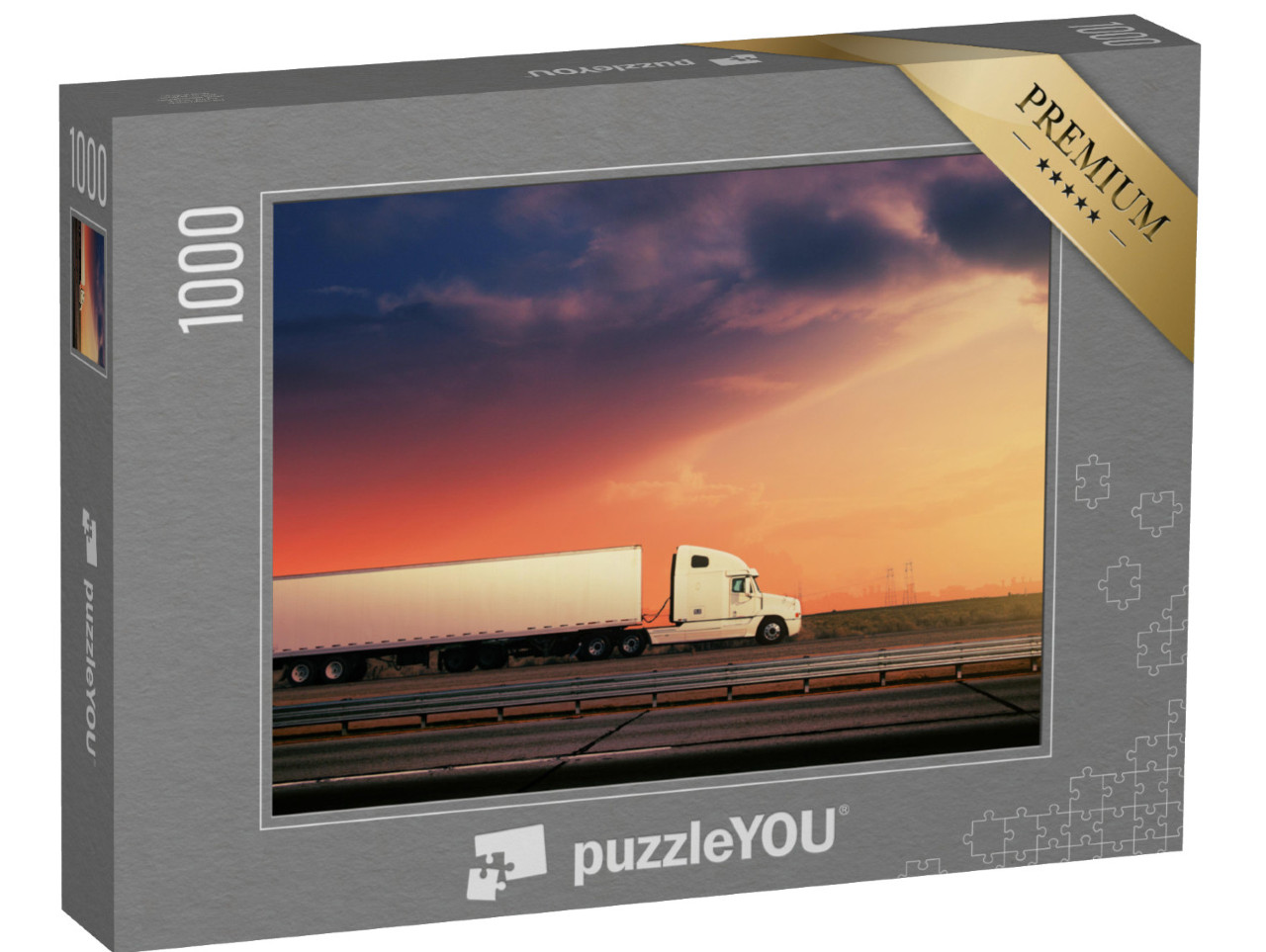 Puzzle 1000 Teile „Weißer Lastwagen auf der Autobahn mit Sonnenunterg “