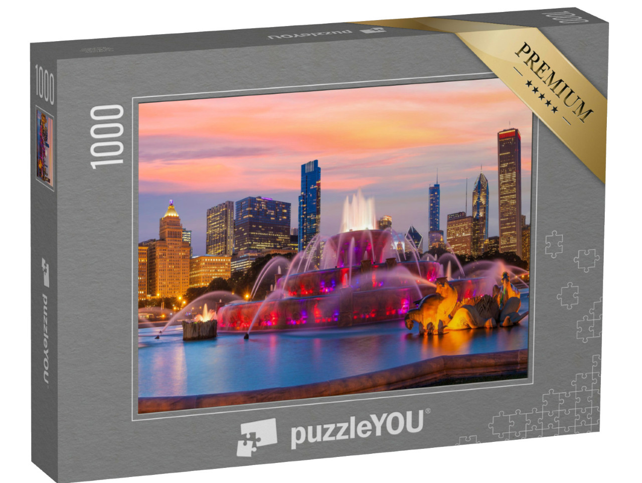 Puzzle 1000 Teile „Panorama der Skyline von Chicago mit Wolkenkratzern und Buckingham-Brunnen“