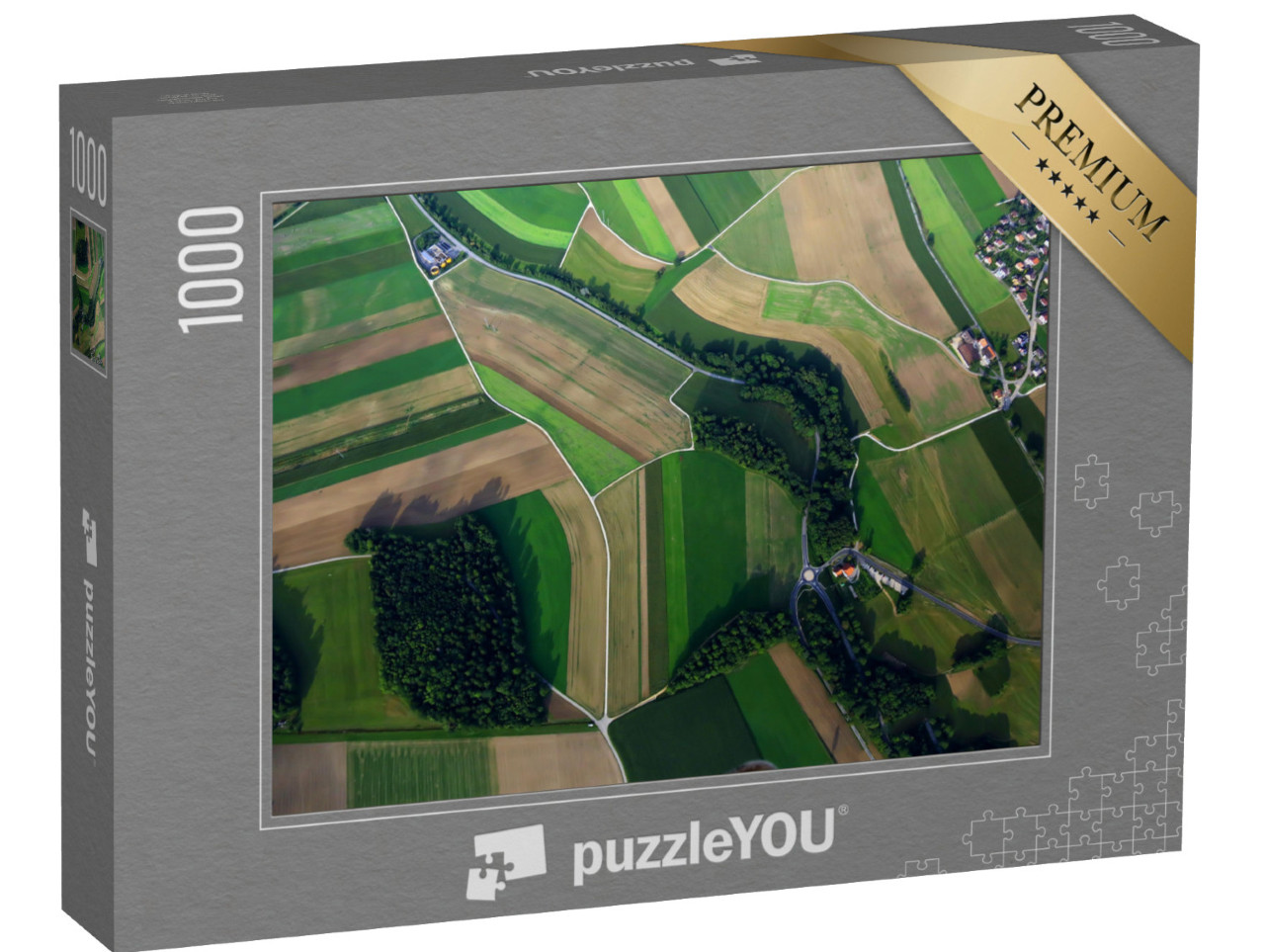 Puzzle 1000 Teile „Luftaufnahme einer Landschaft mit verschiedenen Feldern und Straßen“